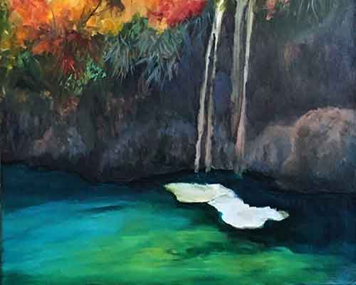 Paint the darks of the water. Start painting the water under the waterfall.