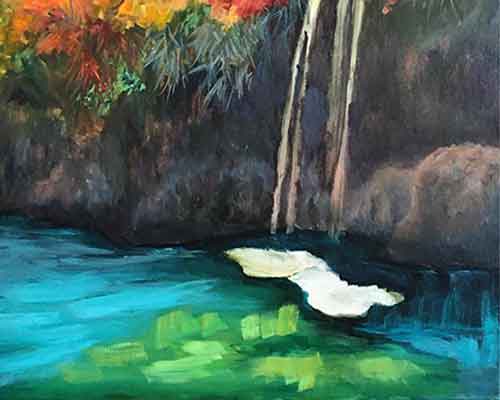 Lay in the lights on the water. Continue painting the water under the falls.