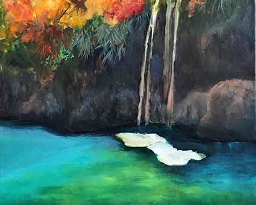 Gently blend the colors together. Continue painting the water.