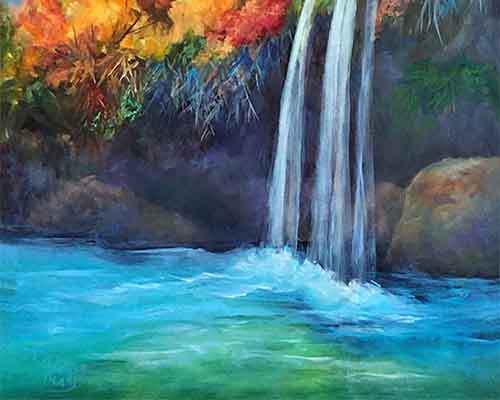 Show that the water is splashing up at the bottom of the falls. Paint the water at the bottom of the waterfall.