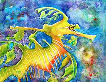 Watercolor animal painting of a Leafy Sea Dragon by Carol May