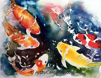 Koi fish painting with a poured watercolor background.